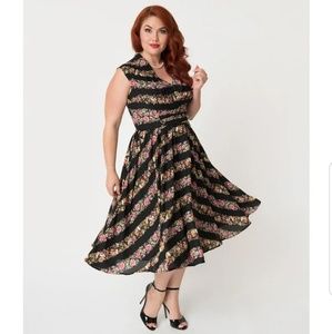 UNIQUE VINTAGE Retro Dress, Black Stripes & Floral